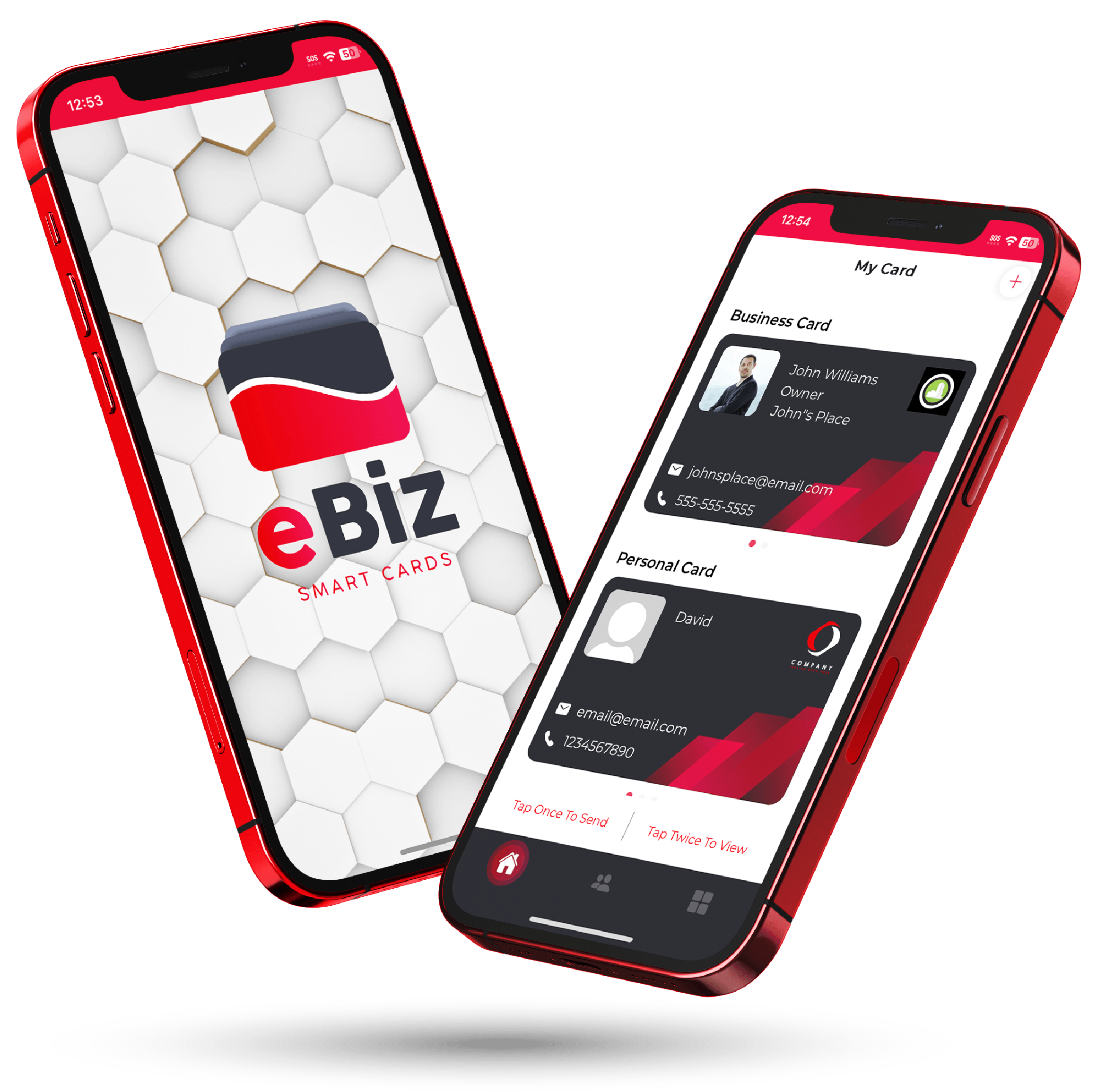 eBiz Smart Cards digital business card shown on two phones